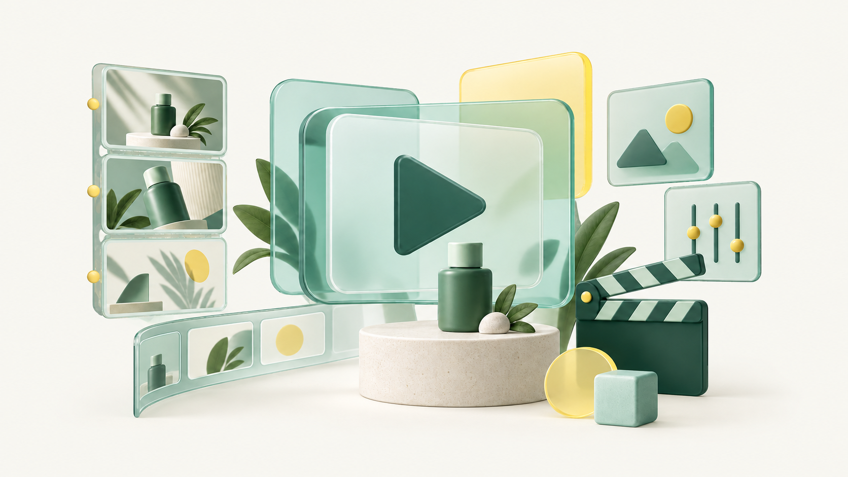 Ilustración de escenas de video con formas tridimensionales verdes y acentos amarillos