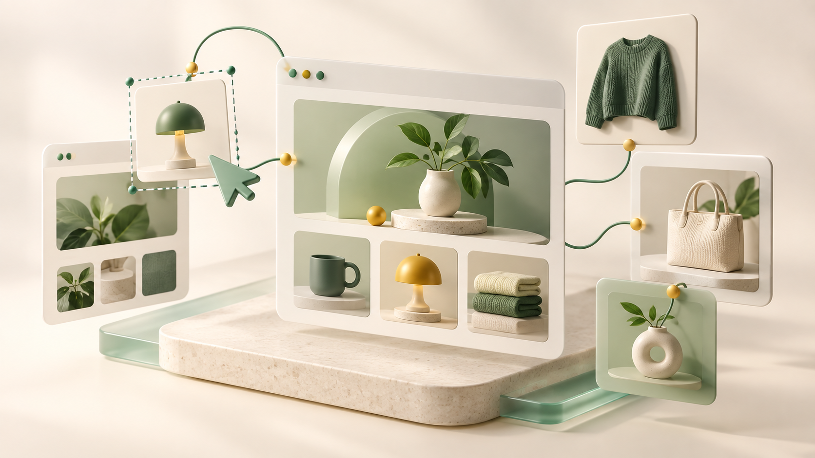Ilustración tridimensional de una tienda online y sus páginas en un espacio de diseño visual.