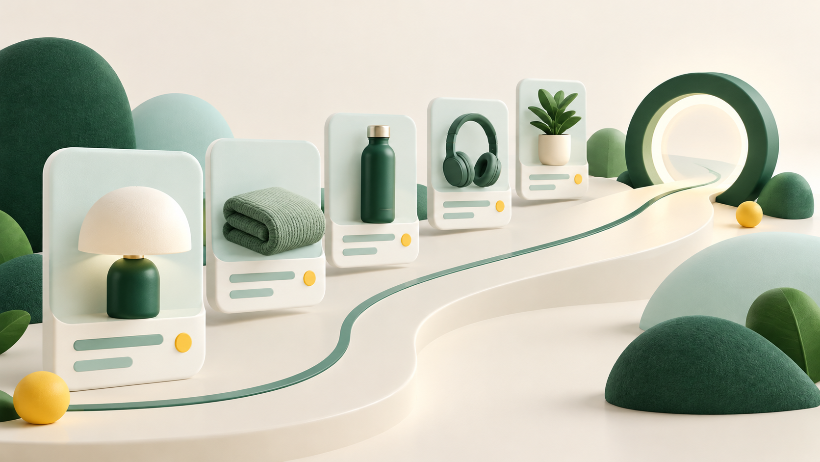 Compras con IA: fichas de producto claras Fichas de productos en formas tridimensionales verdes y amarillas que conducen a una búsqueda visual.