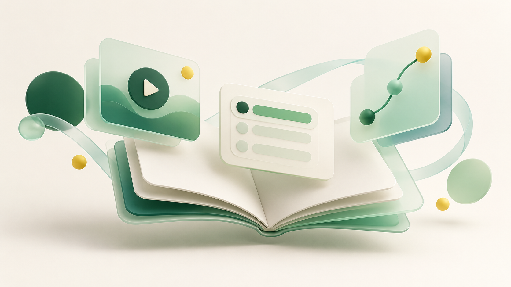 Gemini Notebook: aprendizaje con materiales propios Cuaderno abierto con tarjetas visuales de video, cuestionario y recorrido de aprendizaje en verde agua, verde oscuro y amarillo